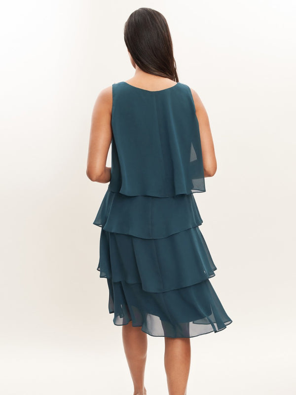 Vesta Jewel-Shoulder Tiered Cocktail Dress