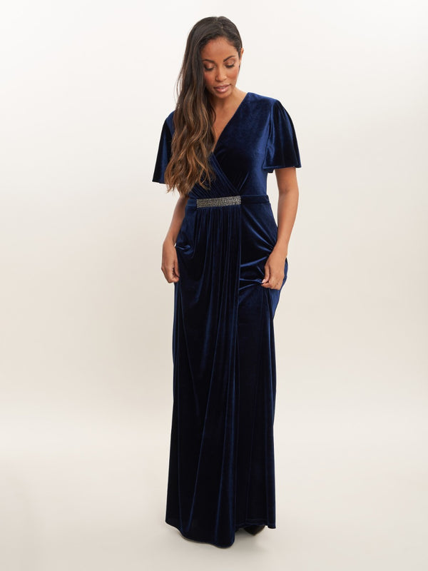 Glynis Long Velvet Dress With Embellished Waist Detail