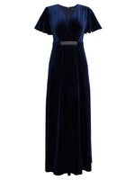 Glynis Long Flutter Sleeve Dress With Surplice Neckline And Embellishedd Waist Detail