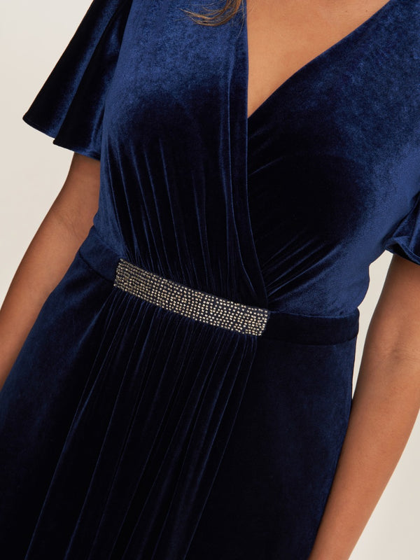 Glynis Long Velvet Dress With Embellished Waist Detail