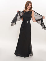 Kendal Long Sleeveless Dress With Ruched Embellished Waist And Shawl