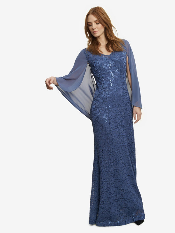 Liesel Long Sequin Lace V-Neck Gown With Chiffon Capelet