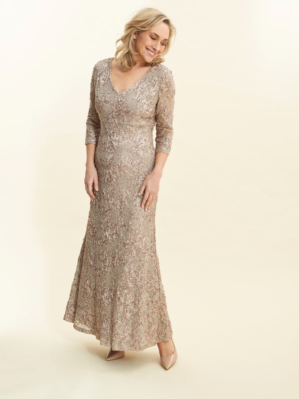 Pauline Embroidered Lace V-Neck Long Gown With 3/4 Sleeves