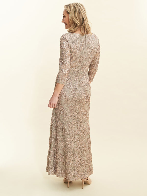 Pauline Embroidered Lace V-Neck Long Gown With 3/4 Sleeves