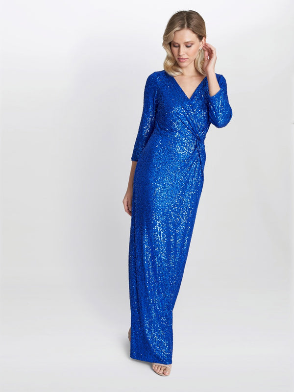 Jacynda Sequin 3/4 Sleeve Wrap Dress With Twist