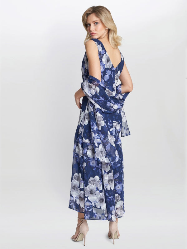 Dahlia Midi Length Sleevless Printed Dress And Shawl