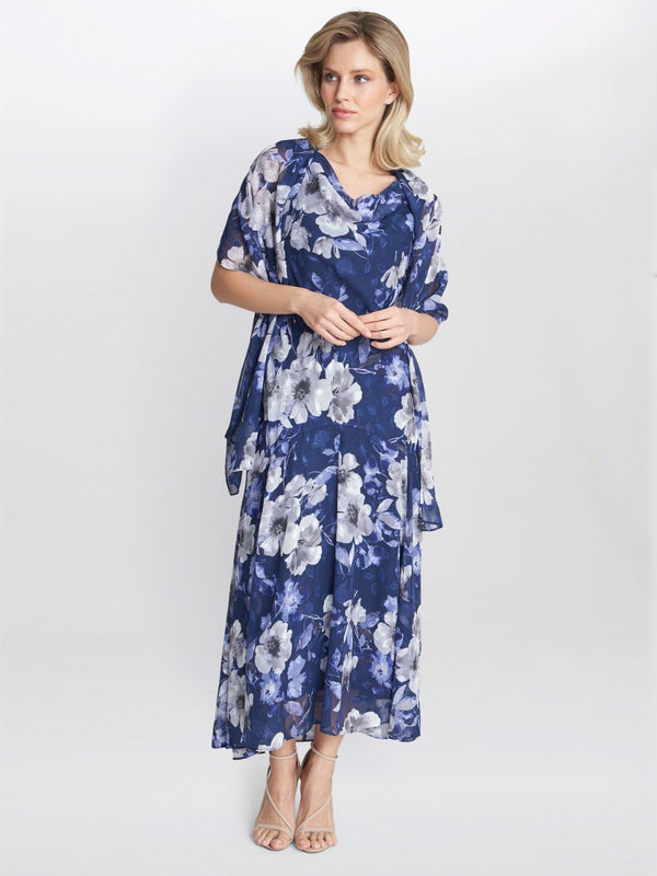 Dahlia Midi Length Sleevless Printed Dress And Shawl