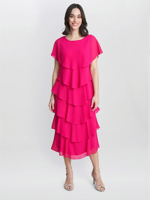 Tessa Midi Tiered Dress With Shoulder Trim