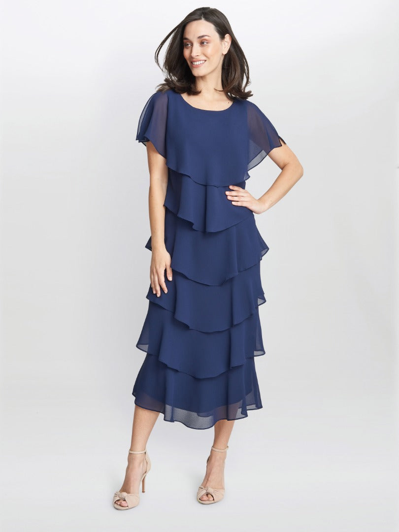 Tessa Midi Tiered Dress With Shoulder Trim Gina Bacconi Tessa Midi Tiered Dress With Shoulder Trim Gina Bacconi