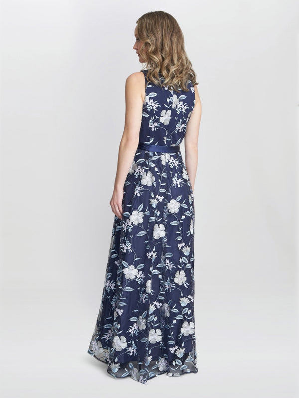 Judith Maxi Sleeveless Embroidered Dress With Tie Belt