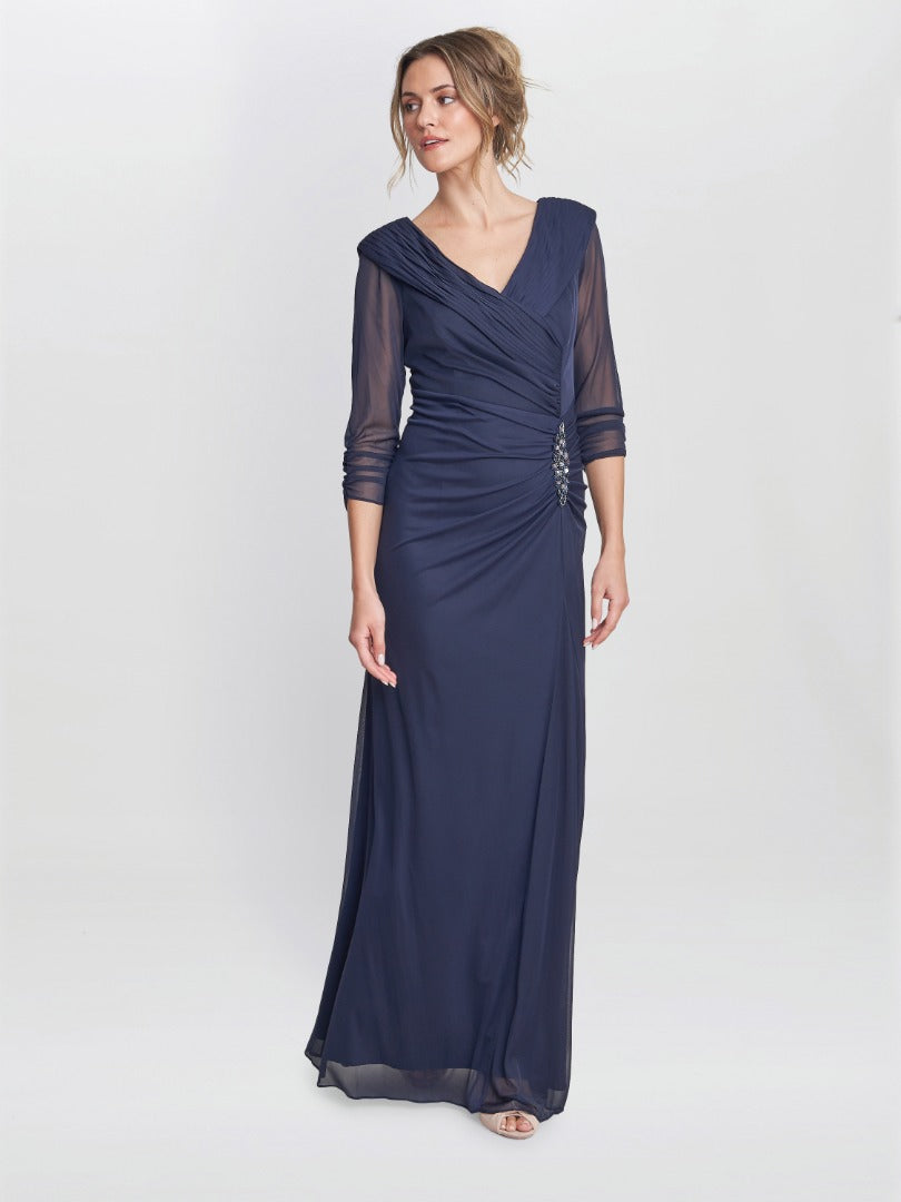 Georgina Maxi Portrait Collar Dress With Beaded Trim – Gina