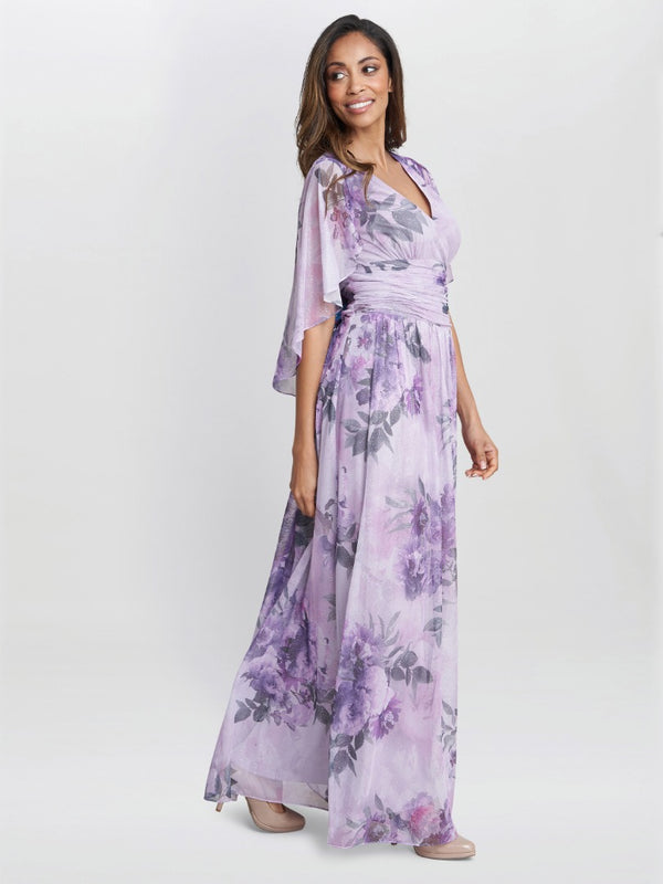 Caroline Printed Maxi Dress With Overlay Sleeves