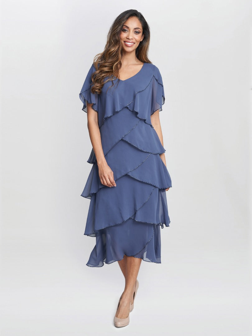 Fleur Midi V Neck Tier Dress With Bugle Beads Gina Bacconi Fleur Midi V Neck Tier Dress With Bugle Beads Gina Bacconi
