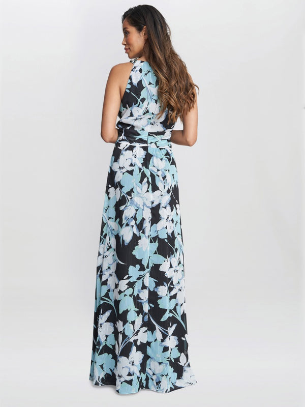 Irina Printed Halter Neck Maxi Dress With Embellished Neckline