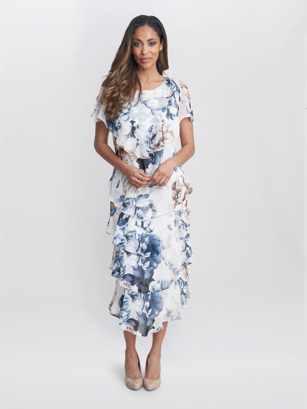 Jocelyn Midi Length Printed Tiered Dress With Embellished Shoulders