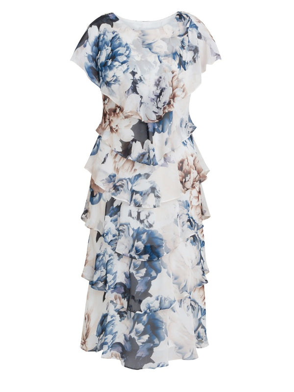 Jocelyn Midi Length Printed Tiered Dress With Embellished Shoulders