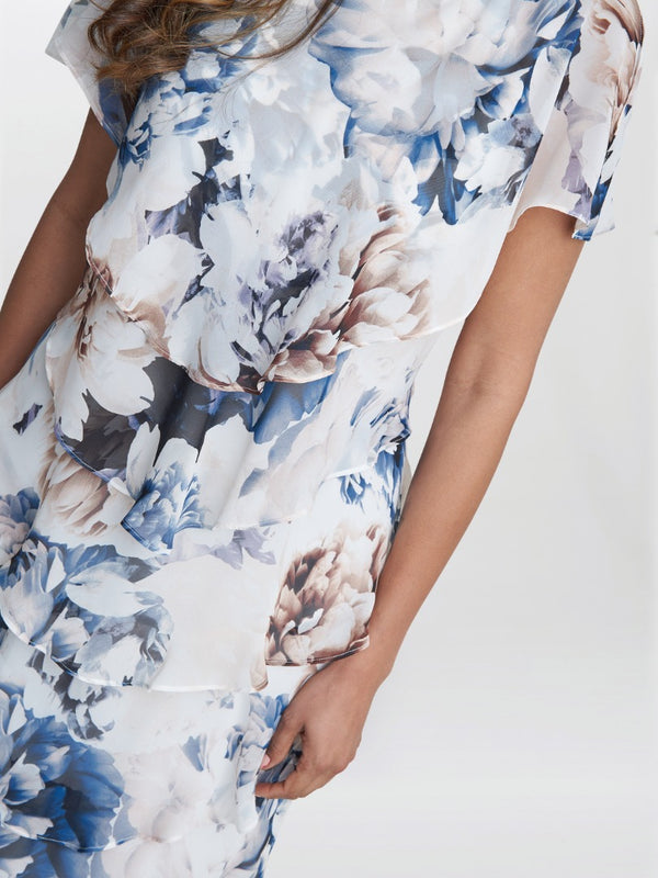 Jocelyn Midi Length Printed Tiered Dress With Embellished Shoulders