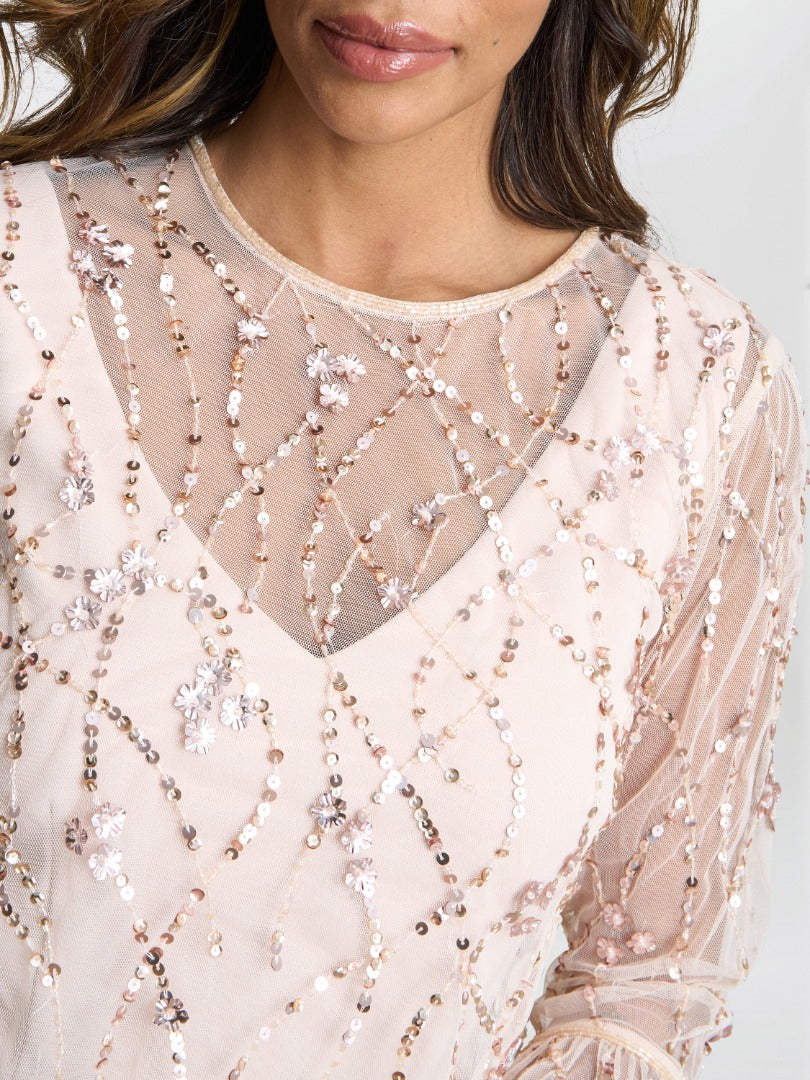 Pippa Beaded Jacket With Fluted 3/4 Sleeve And Crepe Shift Dress Gina Bacconi Pippa Beaded Jacket With Fluted 3/4 Sleeve And Crepe Shift Dress Gina Bacconi