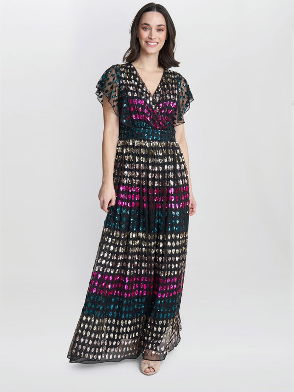 Tiffany Multi Colour Sequin Dress With Butterfly Sleeve