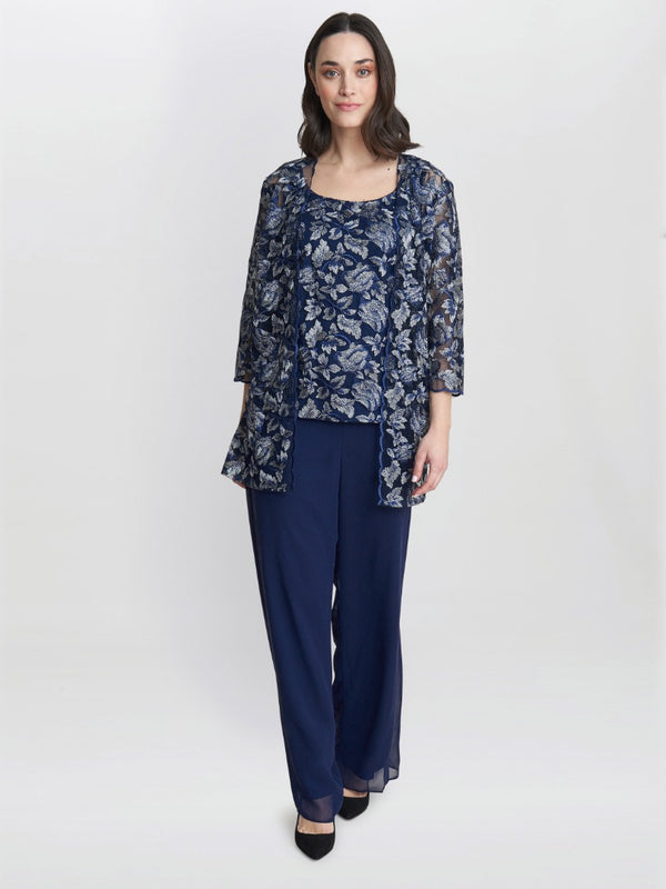 Nikki 3 Piece Trouser Suit With Embroidered Tank Top And Elongated Jacket