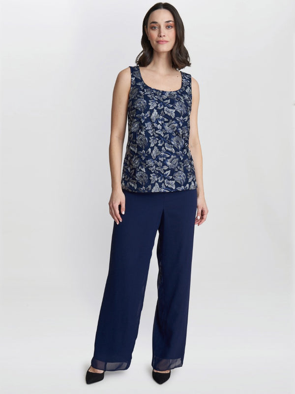 Nikki 3 Piece Trouser Suit With Embroidered Tank Top And Elongated Jacket