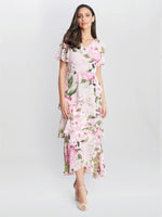 Olivia Printed Cowl Neck Maxi Tiered Dress With Shoulder Embellishment