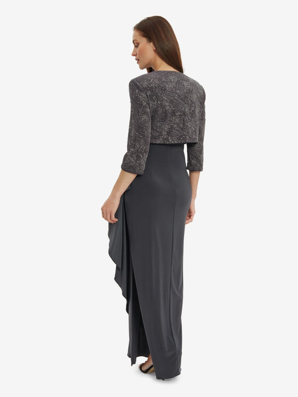 Isy Long Side Ruched Jacquard Knit & Matte Jersey Gown With Bolero Jacket