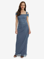 Shree Cold Shoulder Glitter Mesh Dress With Draped Skirt & Cowl Neckline