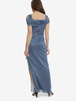 Shree Cold Shoulder Glitter Mesh Dress With Draped Skirt & Cowl Neckline