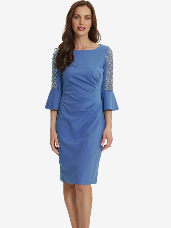 Norene Crepe Cocktail Dress With Beaded Illusion Bell Sleeves