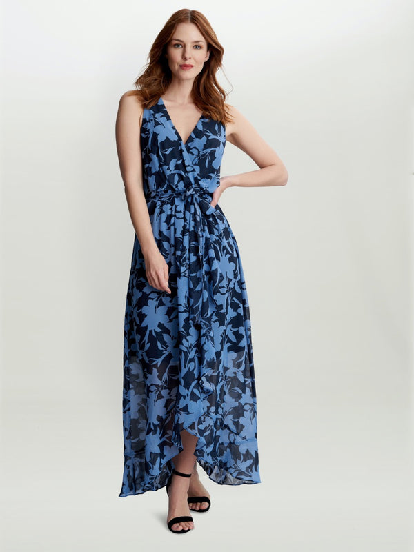 Alaura Long Printed Sleeveless Dress With Surplice Neckline