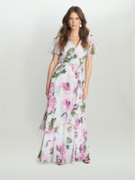 Dione Long Printed Dress With Surplice Neckline With Short Sleeve