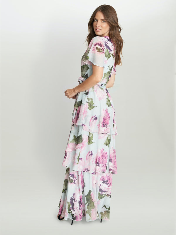 Dione Long Printed Dress With Surplice Neckline With Short Sleeve