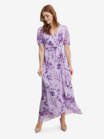 Elda Long Printed Dress With Surplice Neckline With Short Sleeve