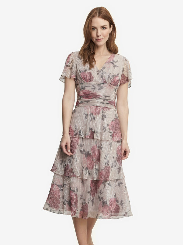 Cher Midi Length Printed Surplice Neckline Dress With Ruched Waist And Tiered Skirt