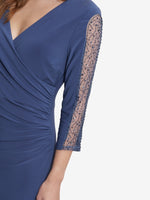 Gretchen Long Surplice Neckline Dress With Rusched Waist And Beaded Sleeves