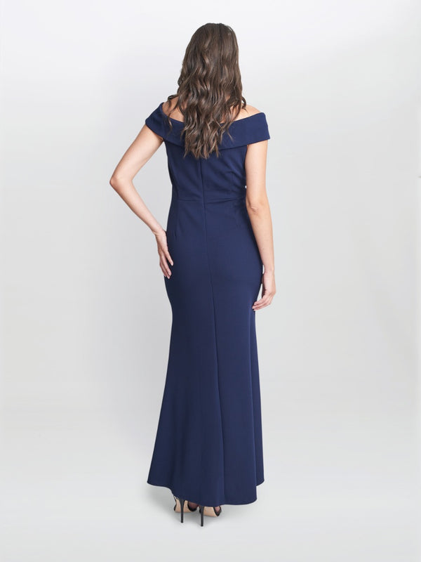 Suzanne Portrait Collar Long Dress With Front Slit Ruching At Waist Side With Embellishment