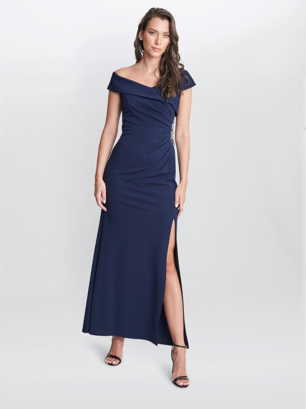 Suzanne Portrait Collar Long Dress With Front Slit Ruching At Waist Side With Embellishment