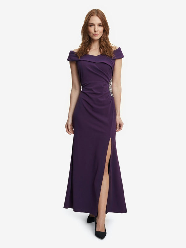 Suzanne Portrait Collar Long Dress With Front Slit Ruching At Waist Side With Embellishment