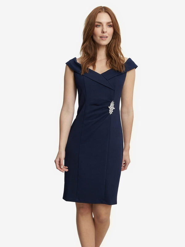 Goldie Off The Shoulder Sheath Dress With Ruched Waist And Embellishmnet Detail