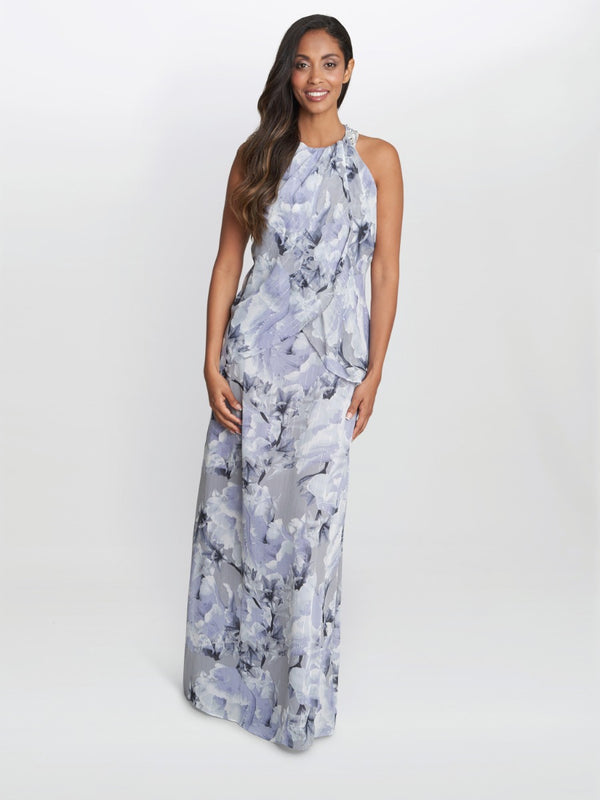 Esty Long Printed Maxi With Beaded Halter Neckline And Tulip Overlay Bodice