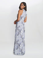 Esty Long Printed Maxi With Beaded Halter Neckline And Tulip Overlay Bodice