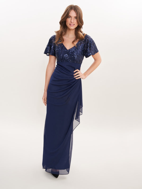 Kaitlyn Embroidered Sequin Flutter Sleeve Cascade Dress