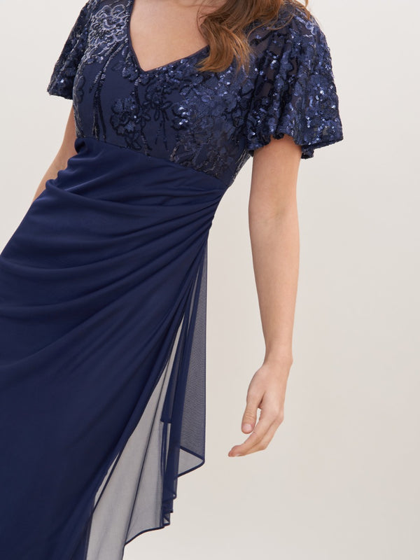 Kaitlyn Embroidered Sequin Flutter Sleeve Cascade Dress