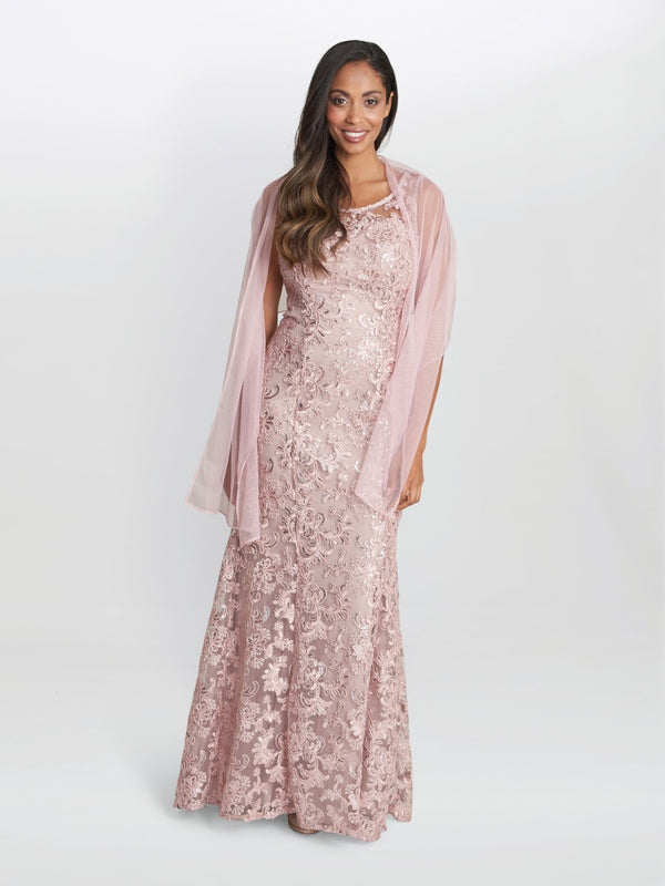 Trinity Embroidered Mesh Illusion Gown With Matching Shawl