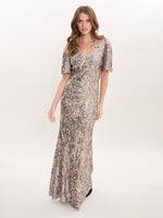 Jeselle Long V-Neck A-Line Sequin Dress With Cold Shoulder Flutter Sleeve