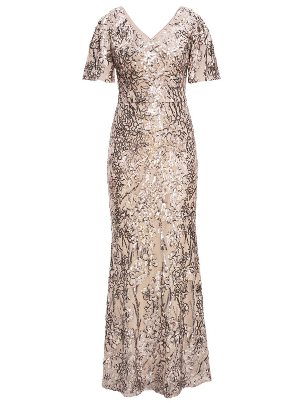 Jeselle Long V-Neck A-Line Sequin Dress With Cold Shoulder Flutter Sleeve