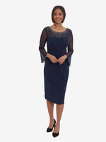 Maurine Beaded Neckline Sheath Dress With Illusion Sleeves