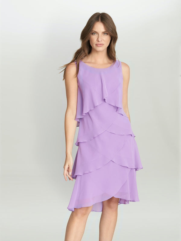 Vesta Jewel-Shoulder Tiered Cocktail Dress