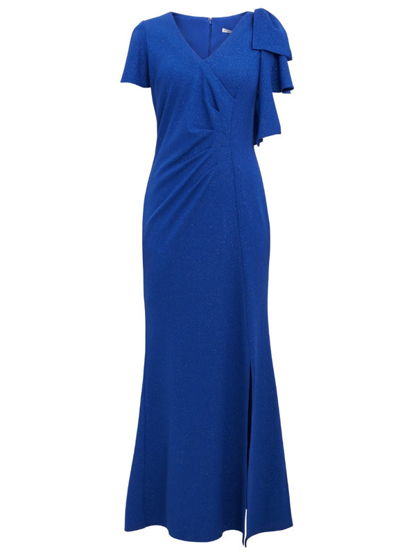 Metallic Maxi Dress With V-Neck And Bow At Sleeve